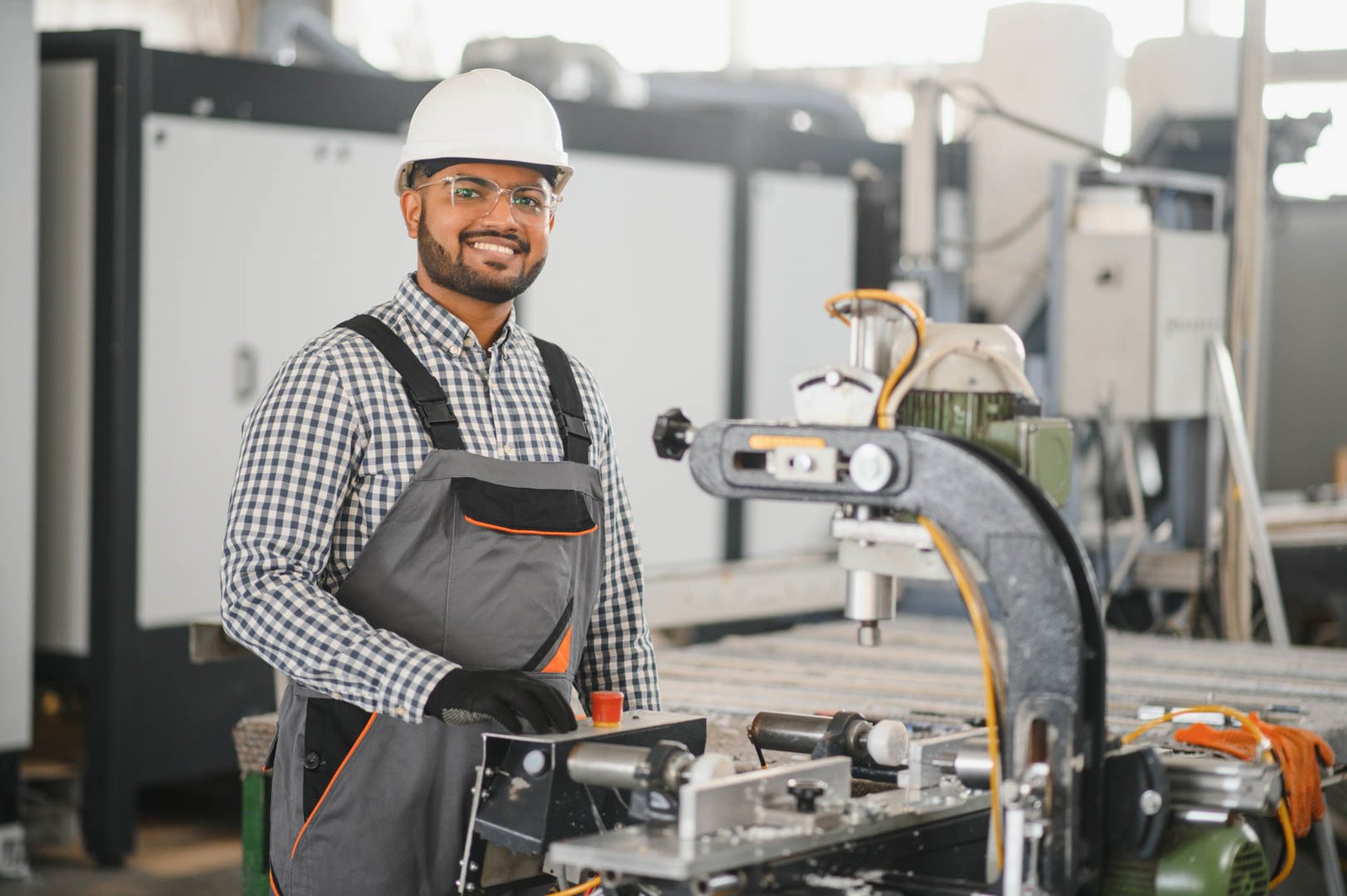 Operator of machine. Industrial worker indoors in factory. Young technician in white hard hat.